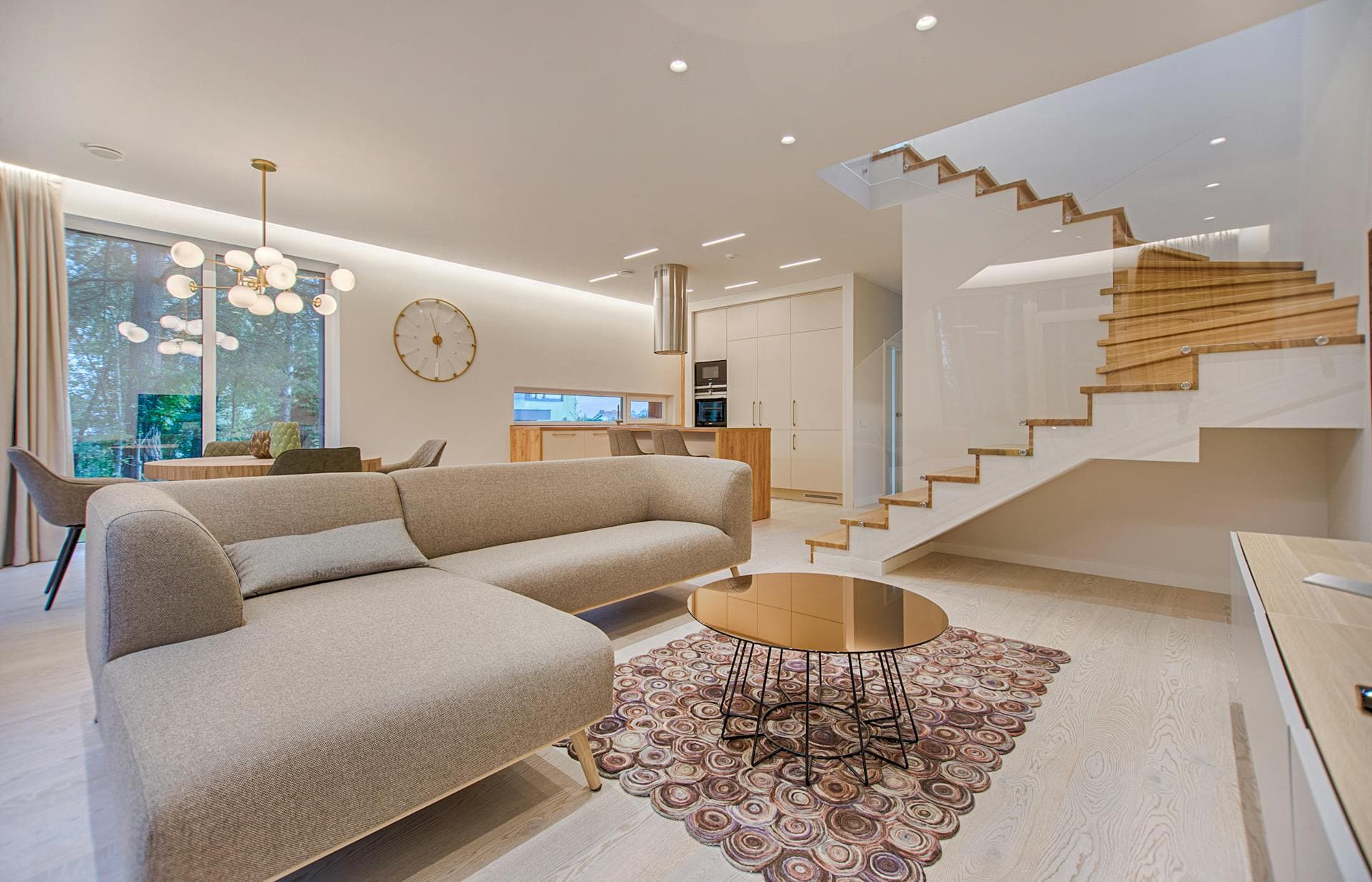Modern open-plan kitchen and dining area with fresh painted walls